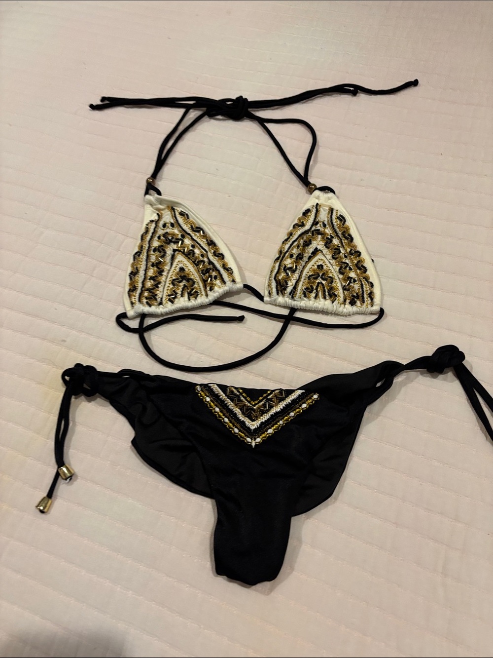 Black and White Embroidered Triangle Bikini Set